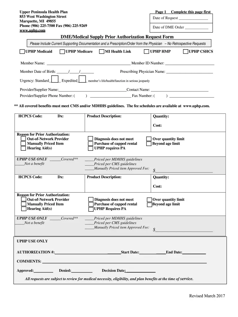 UPHP DME/Medical Supply Prior Authorization Request Form ...